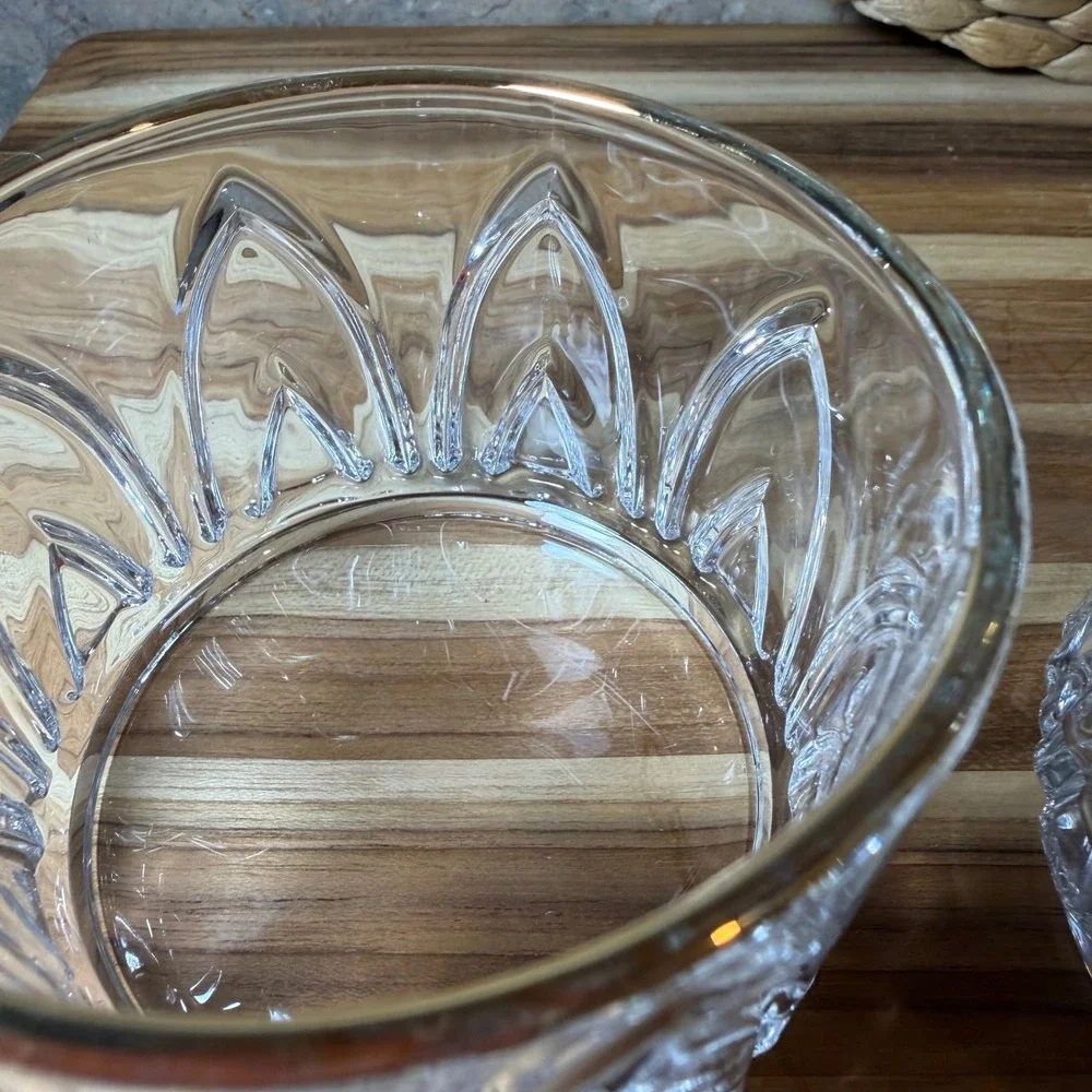 Vintage Gold Rimmed Whiskey Rocks Glasses Gothic Arch Pressed Glass Set of 2